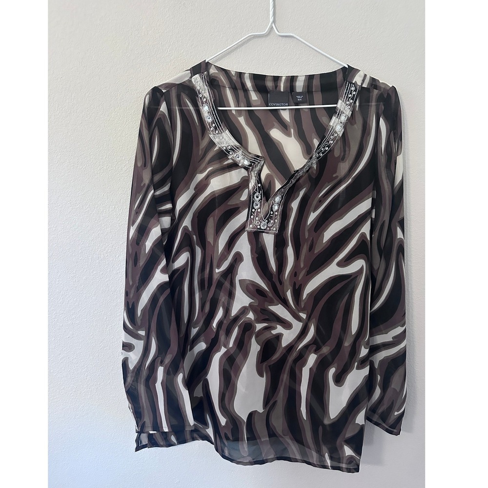 Covington Blouse Small Brown Zebra womens Embellished Mesh Sheer V-Neck Top